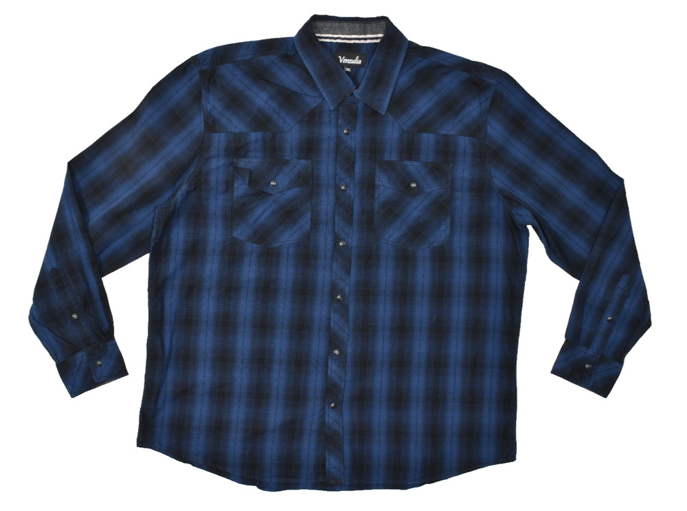 Venzulia Men's Blue & Black Plaid Snap Button Western Shirt Size 2XL Cotton